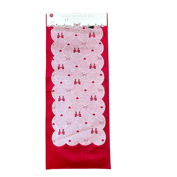 2pc Velvet Valentines Day Table Runner Bows Hearts Red & White by Envogue New - Picture 1 of 13